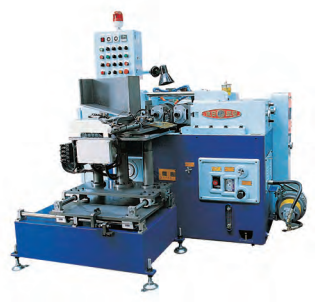 Blue-based Dong Il 2-die rolling machine with an automatic loading unit and control panel on top