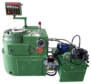 Green Dong Il 3-die rolling machine with a control panel on an arm, a round work table and a hydraulic power unit on the right