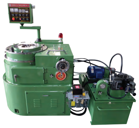 Green Dong Il 3-die rolling machine with a control panel on an arm, a round work table and a hydraulic power unit on the right