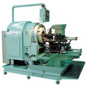 Green 3-die automatic rolling machine with a round drum unit and a pushing feed mechanism on a side rail