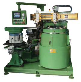Green vertical 3-die automatic rolling machine with a vibratory bowl feeder on the left and an overhead loading gantry