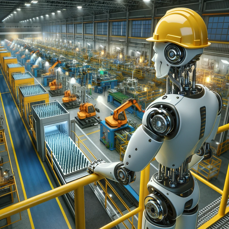 A robot wearing a hard hat, standing on a catwalk in a factory that manufactures thousands of screws for industry