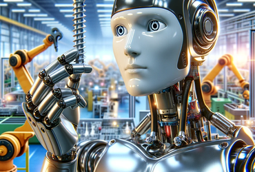 A humanoid robot with a silver body and camera-like eyes holding a large screw, standing in a high-tech factory with automated machinery by Cinco Industries and Saspi, showcasing the thread rolling process