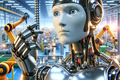 A humanoid robot with a silver body and camera-like eyes holding a large screw, standing in a high-tech factory with automated machinery by Cinco Industries and Saspi, showcasing the thread rolling process