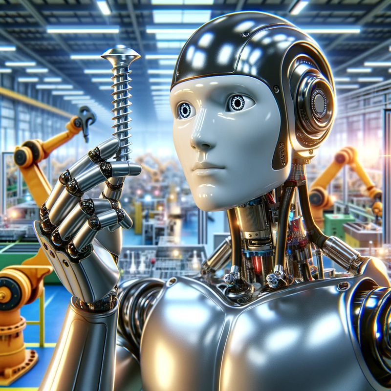 A humanoid robot with a silver body and camera-like eyes holding a large screw, standing in a high-tech factory with automated machinery by Cinco Industries and Saspi, showcasing the thread rolling process