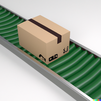DALL·E 2022-09-30 15.44.48 - a 3D render of a green conveyor with a single brown cardboard box on it