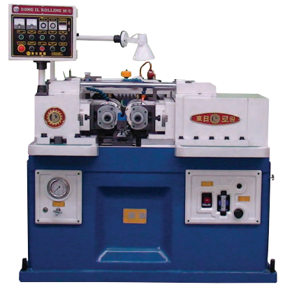 Dong Il 2-die thread rolling machine with a blue base, pressure gauge and control panel above the roll dies