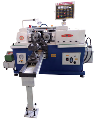 Dong Il DIR 40, 50 and 60 ton 2-die thread rolling machine on a blue base with a long loading rail