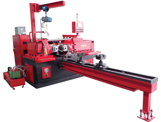 Large red Dong Il DIR 80 and 100 ton 2-die thread rolling machine with a long work rail, hoist and hydraulic unit