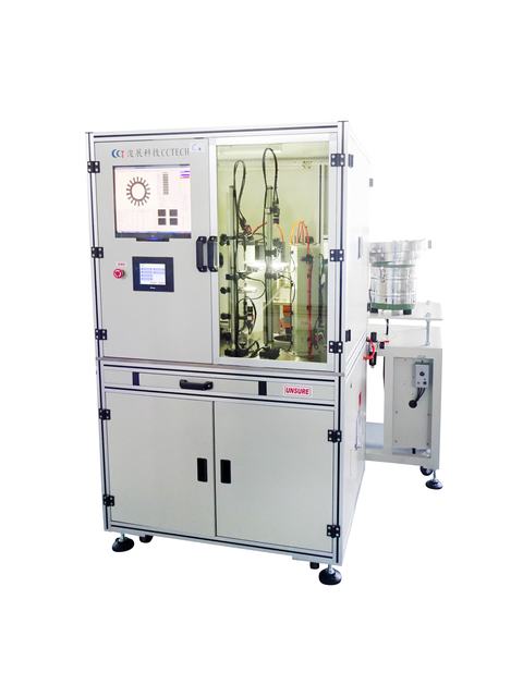 CCT glass plate optical sorting machine in a grey cabinet with a glass inspection enclosure, a touchscreen and a bowl feeder at the right