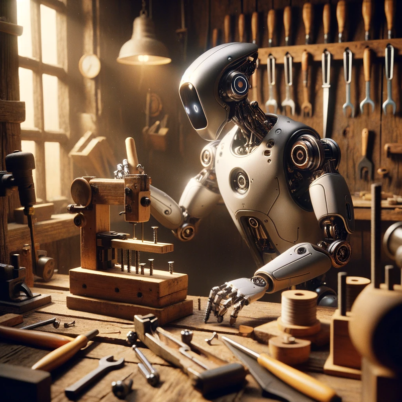 A humanoid robot with a sleek design meticulously crafting screws in a vintage-style workshop filled with wooden tools and machinery.