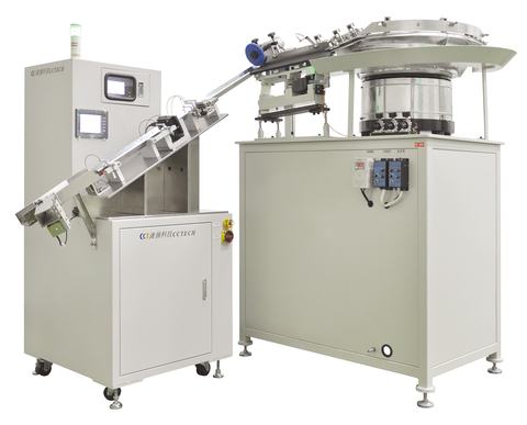 CCT eddy current sorting machine with a vibratory bowl feeder, an inclined chute and a control cabinet with two touchscreens